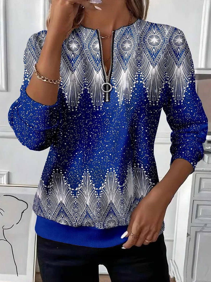 Women's Abstract Print Casual Zip-Up Long Sleeve Sweatshirt