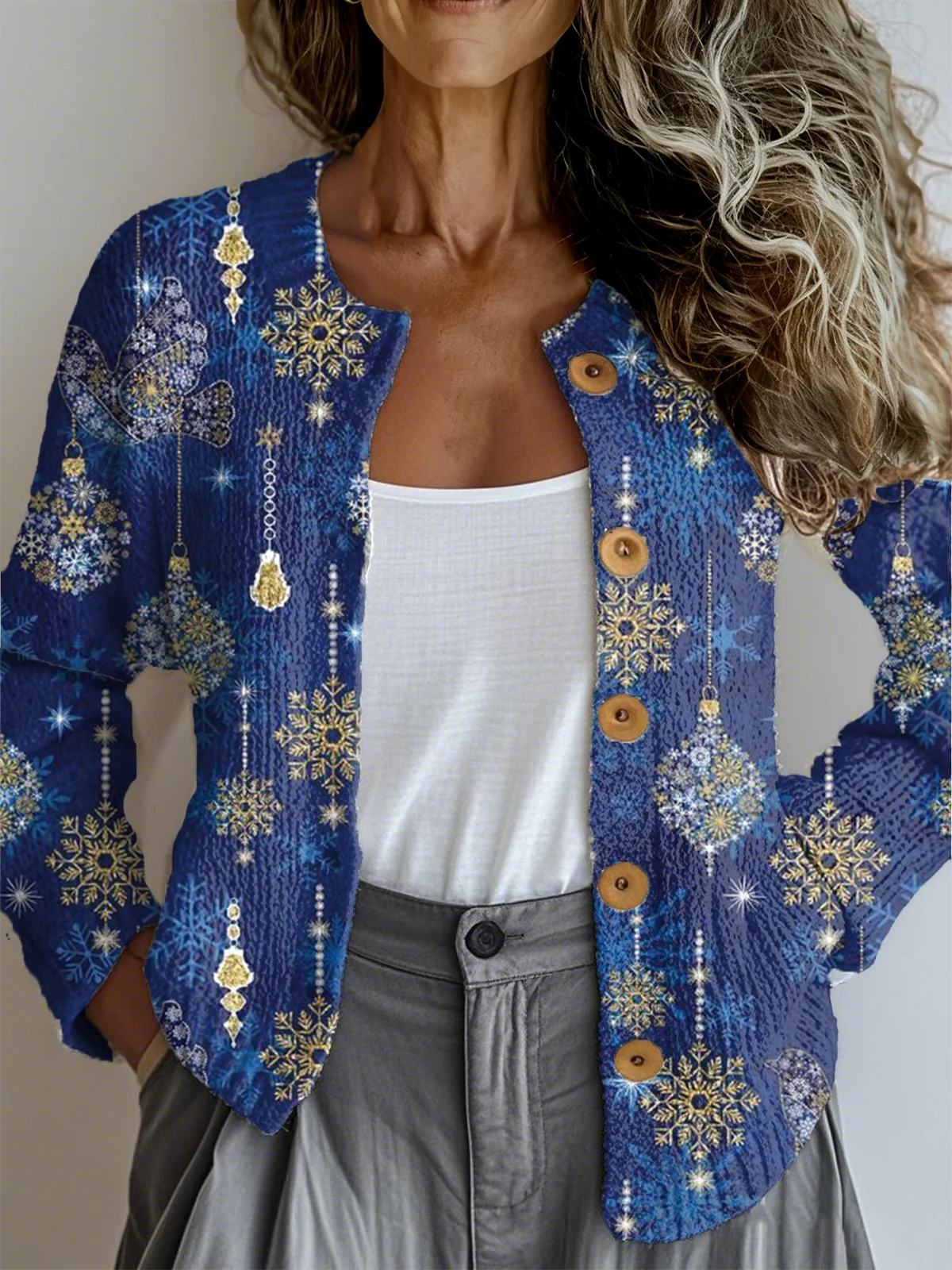 Crew Neck Christmas Peasant Loose Cardigan