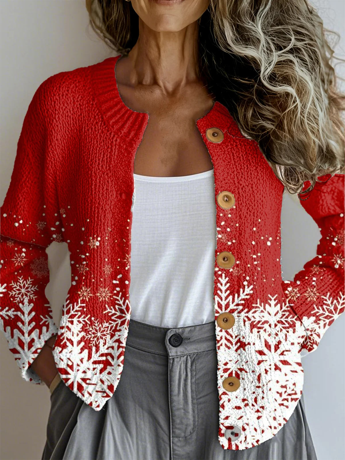 Ethnic Gradient Pattern Crew Neck Loose Cardigan