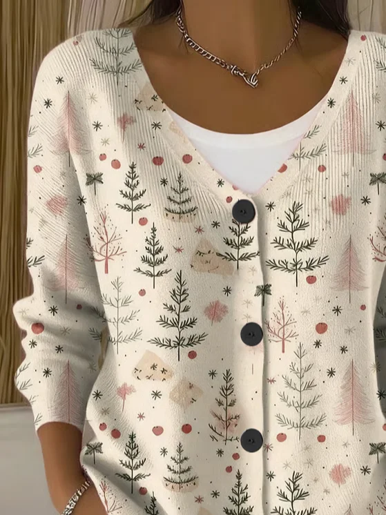 Women's Christmas Print Casual V-Neck Cardigan