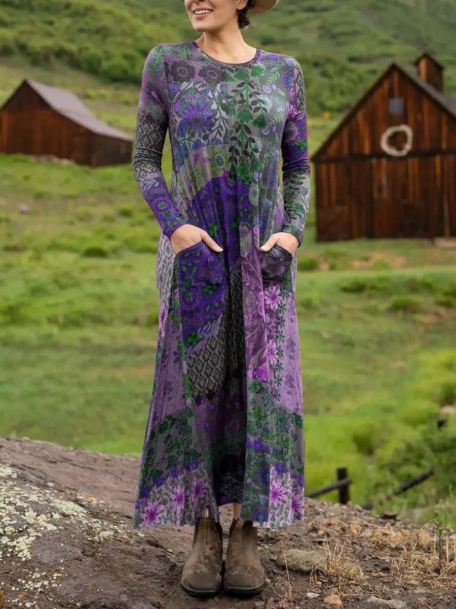 Crew Neck Loose Boho Multicolor Block Dress With No