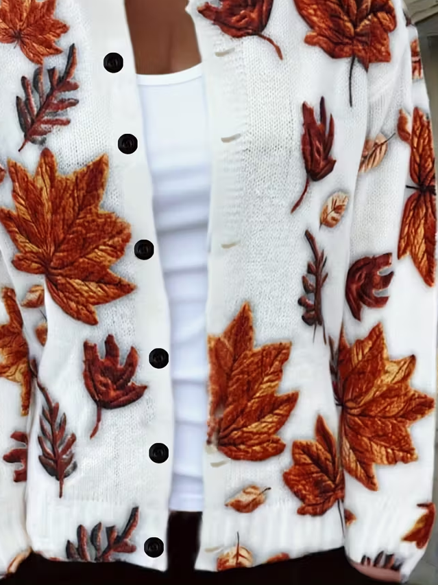 Casual Regular Fit Maple Leaf Crew Neck Cardigan