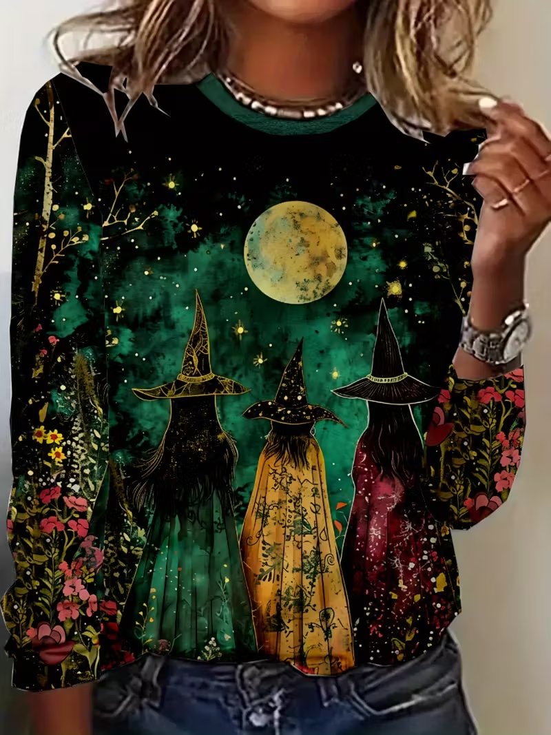 Women's Long Sleeve T-shirt Spring/Fall Black Halloween Printing Jersey Crew Neck Daily Going Out Casual Top