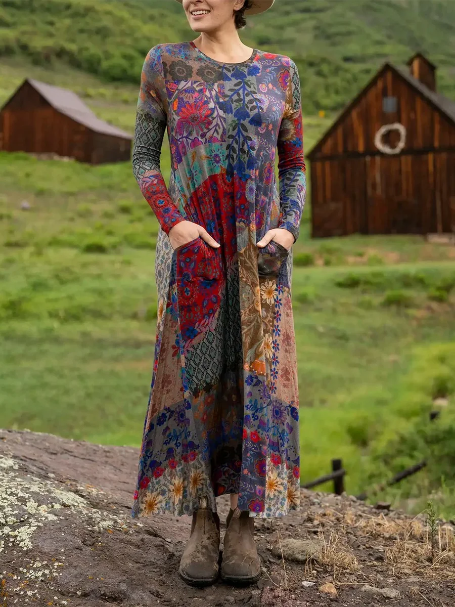 Crew Neck Loose Boho Multicolor Block Dress With No