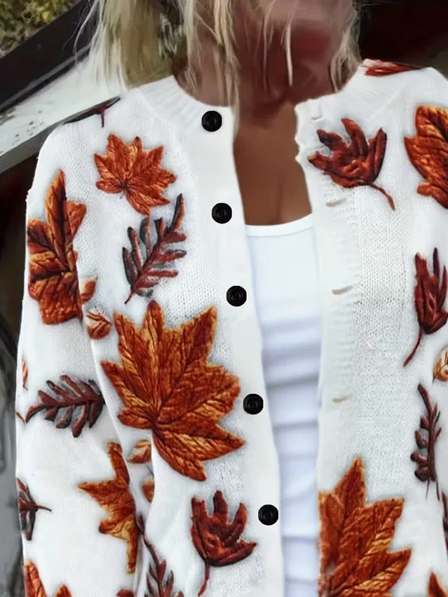 Casual Regular Fit Maple Leaf Crew Neck Cardigan