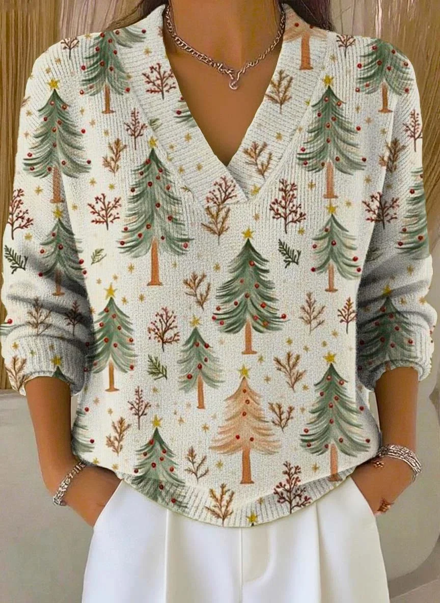 Christmas Tree Casual V Neck Sweater