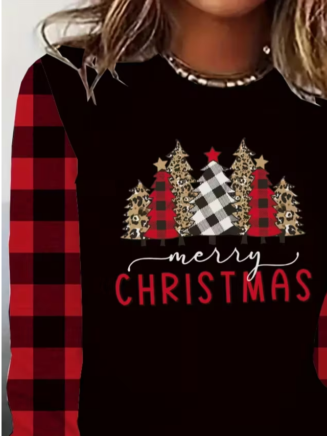 Women's Long Sleeve T-shirt Spring/Fall Black Christmas Printing Jersey Crew Neck Daily Going Out Casual Top
