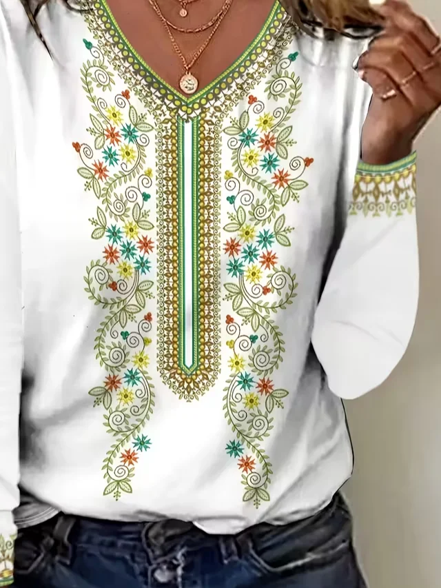Women's Long Sleeve T-shirt Spring/Fall White Floral Printing Jersey V Neck Daily Going Out Casual Top