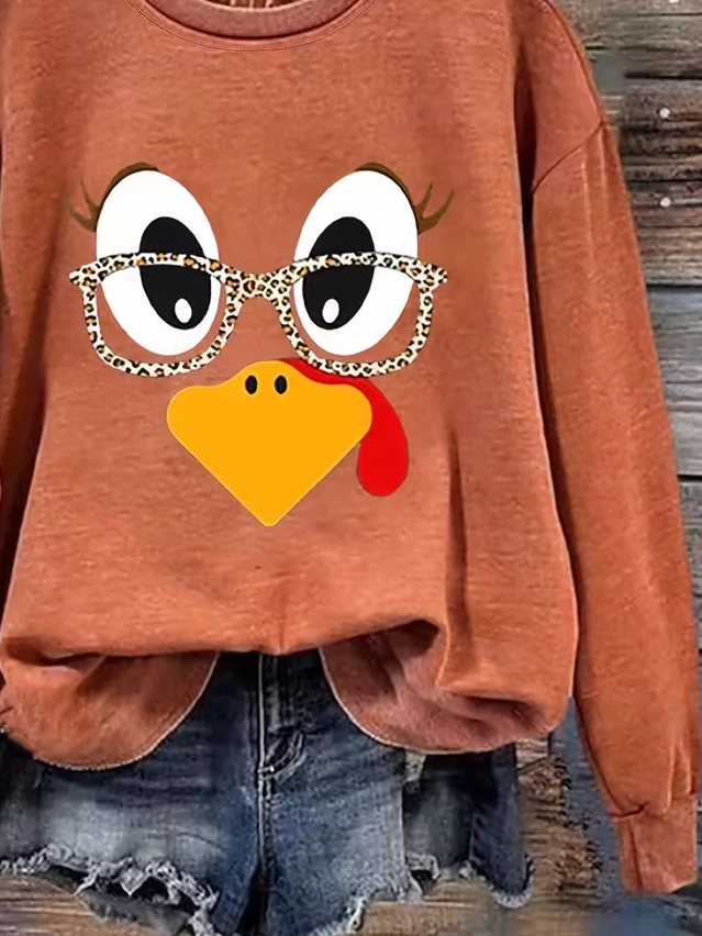 Women's Thanksgiving Turkey Print Casual Crew Neck Sweatshirt