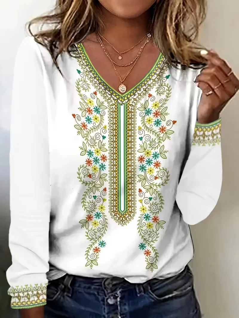 Women's Long Sleeve T-shirt Spring/Fall White Floral Printing Jersey V Neck Daily Going Out Casual Top