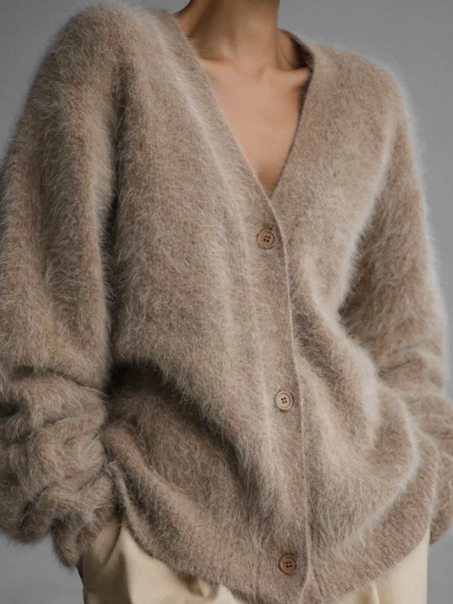 Thickened Imitation Mink Knitted Cardigan 2025 New Lazy Style Design Loose Temperament V-neck Sweater Cardigan
