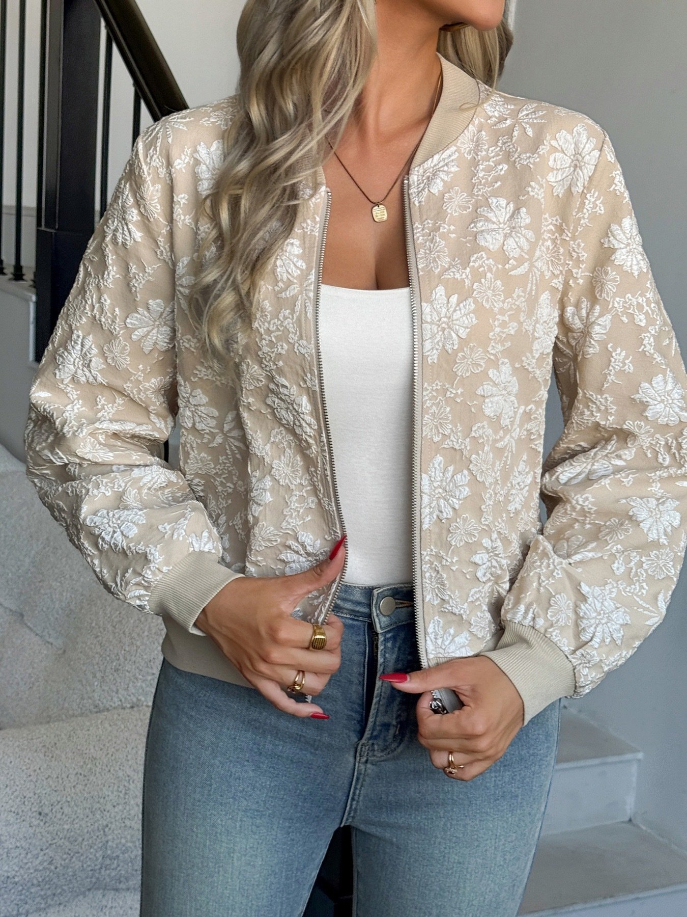 Ethnic Regular Fit Stand Collar Autumn And Winter New Jacquard Zipper Jacket Loose Temperament Commuting Casual Tops Women's Coat