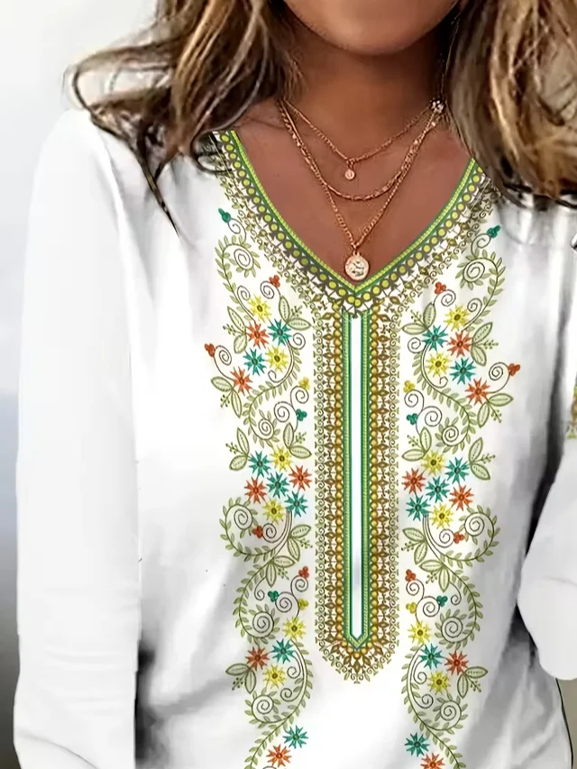 Women's Long Sleeve T-shirt Spring/Fall White Floral Printing Jersey V Neck Daily Going Out Casual Top