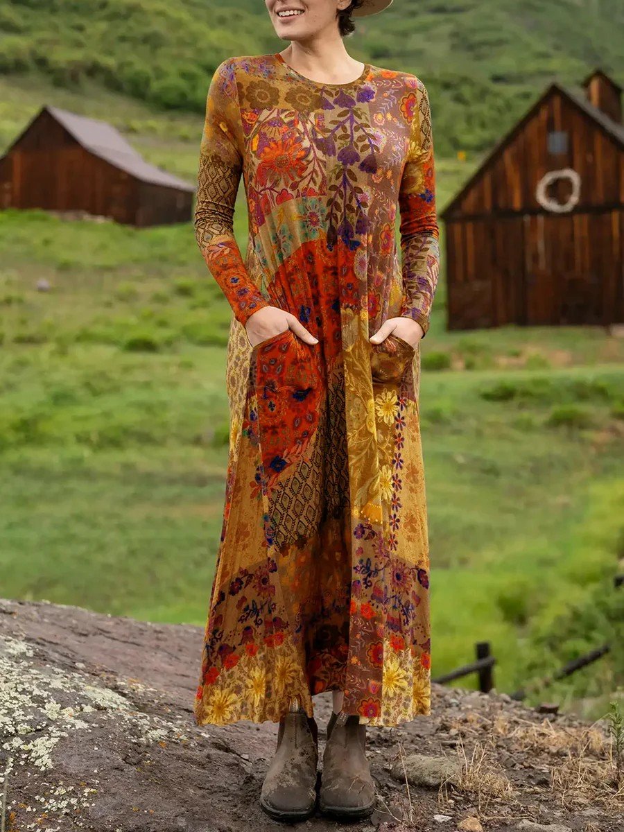 Crew Neck Loose Boho Multicolor Block Dress With No