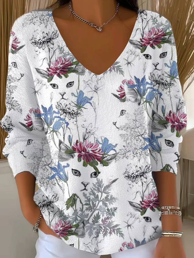 Women's Floral Cat Print Long Sleeve Top