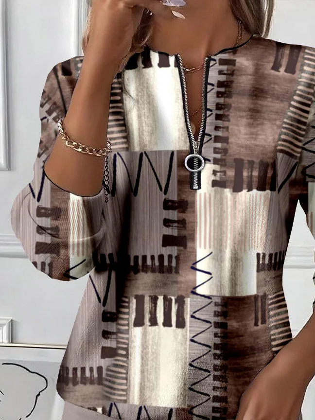 Women's Abstract Print Casual Zip-Up Long Sleeve Sweatshirt