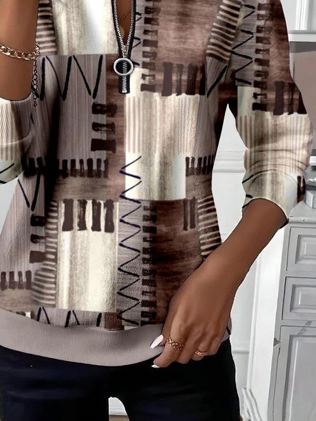 Women's Abstract Print Casual Zip-Up Long Sleeve Sweatshirt