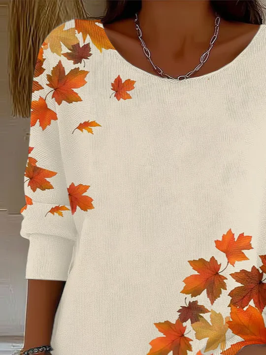 Casual Printing Crew Neck Maple Leaf Sweater