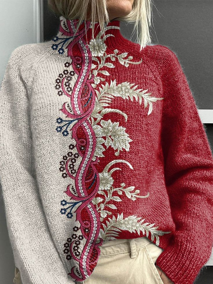 Women's Floral Print Casual Turtleneck Long Sleeve Sweater