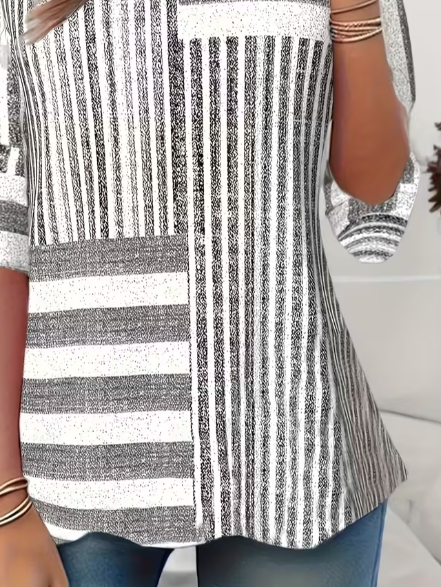 Women's Long Sleeve T-shirt Spring/Fall Gray Striped Jersey Crew Neck Daily Going Out Casual Tunic Top