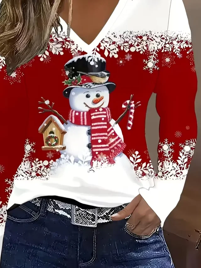 Women's Long Sleeve T-shirt Spring/Fall White-Red Christmas Printing Jersey V Neck Daily Going Out Casual Top
