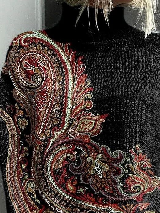 Women's Ethnic Pattern Print Casual Turtleneck Long-Sleeved Sweater