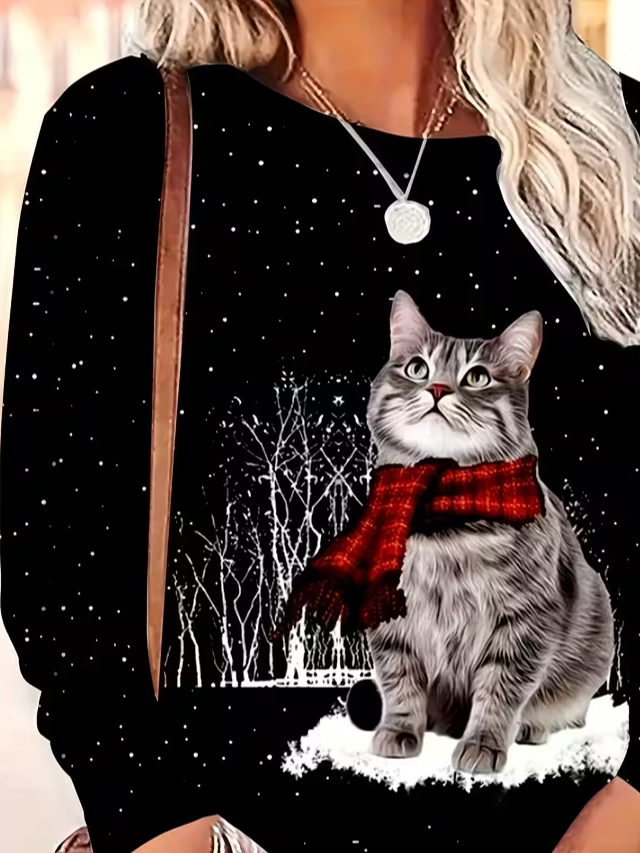 Women's Long Sleeve T-shirt Spring/Fall Black Christmas Printing Jersey Crew Neck Daily Going Out Casual Top