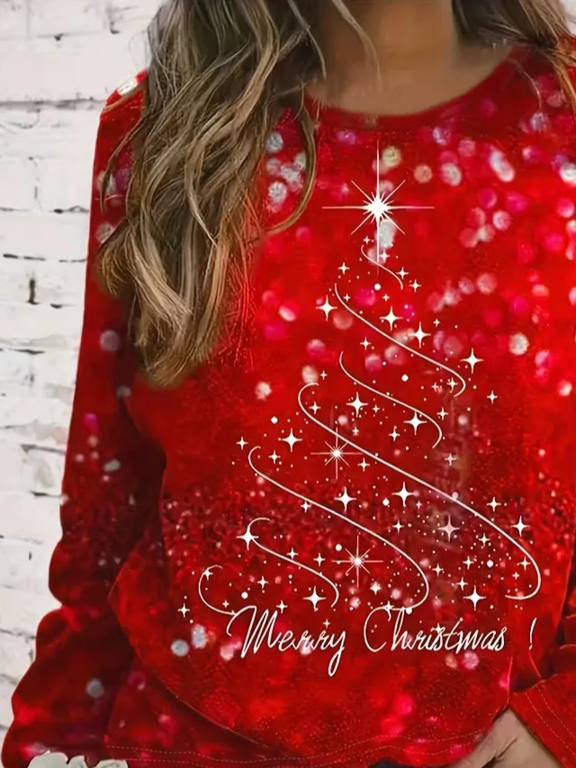 Women's Long Sleeve T-shirt Spring/Fall Red Christmas Printing Jersey Crew Neck Daily Going Out Casual Top