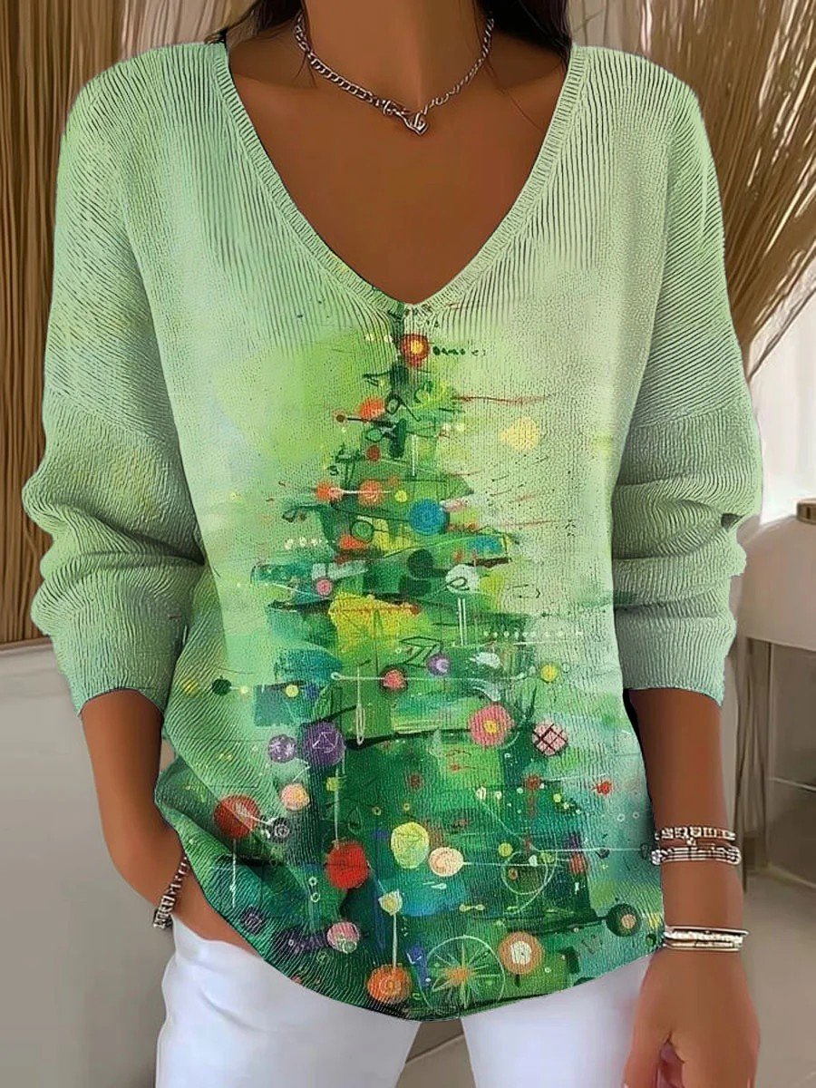 Loose V Neck Christmas Tree Casual Knit Top