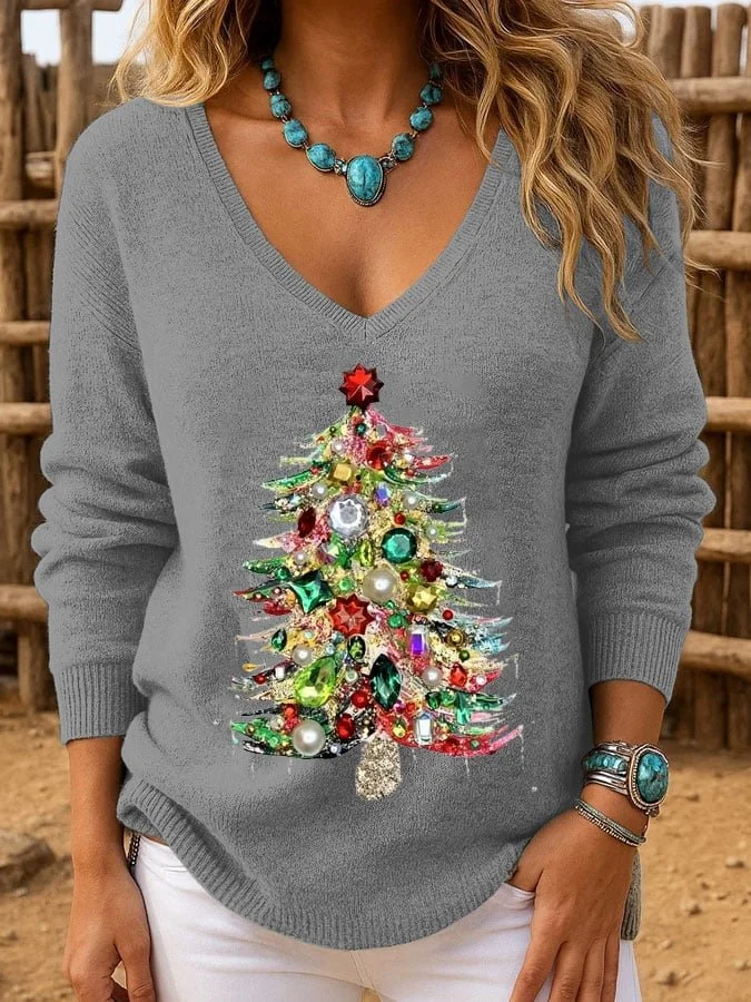 Casual Christmas Tree V Neck Knit Top Sweater
