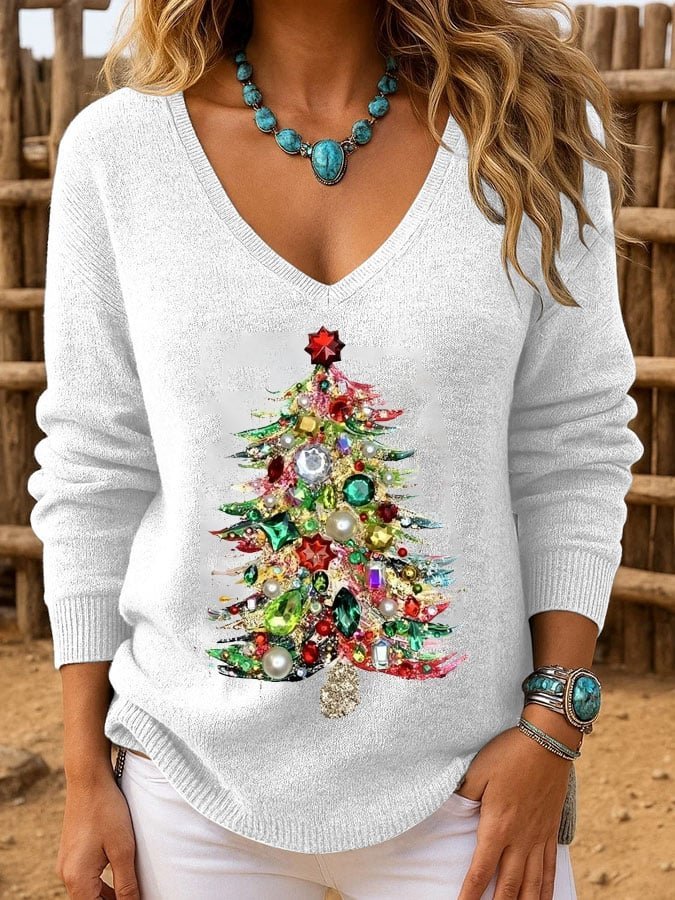 Casual Christmas Tree V Neck Knit Top Sweater