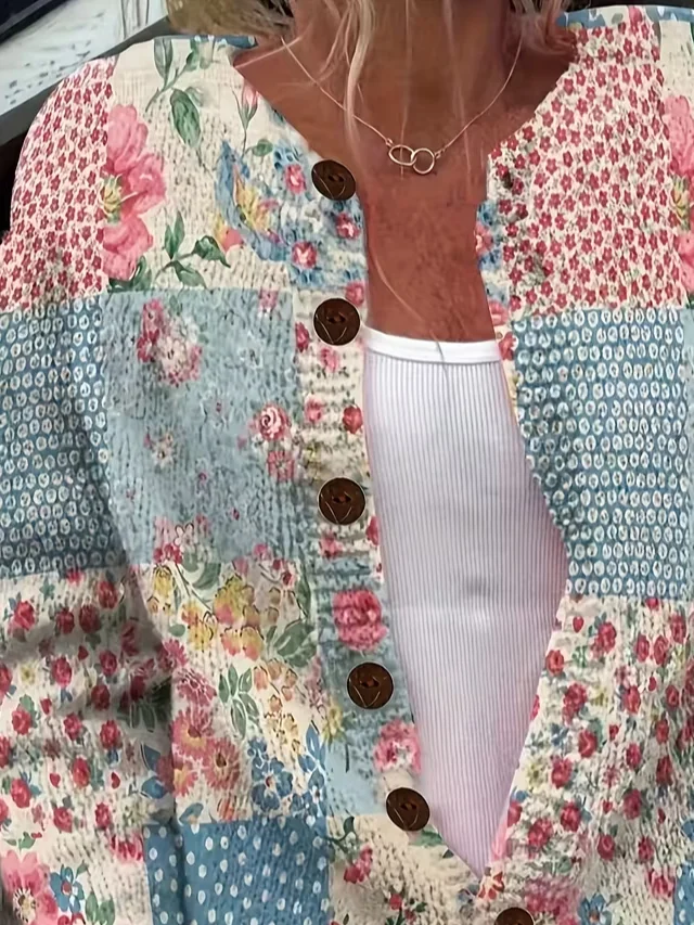 Women's Floral Print Crew Neck Button Cardigan