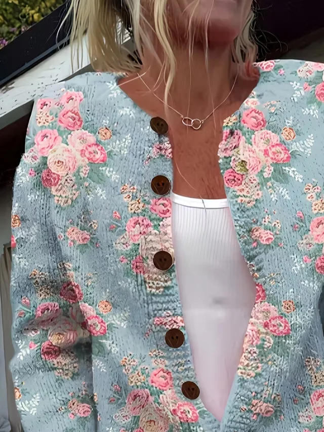 Women's Floral Print Crew Neck Button Cardigan