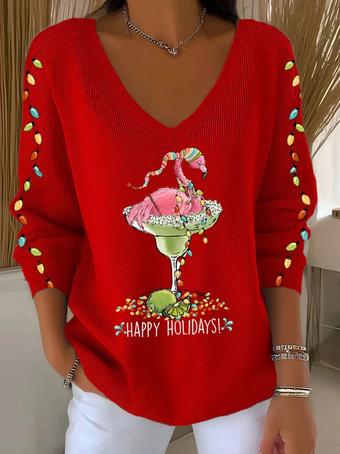 Women's Wine Glass Christmas Hat Print V-Neck Sweater
