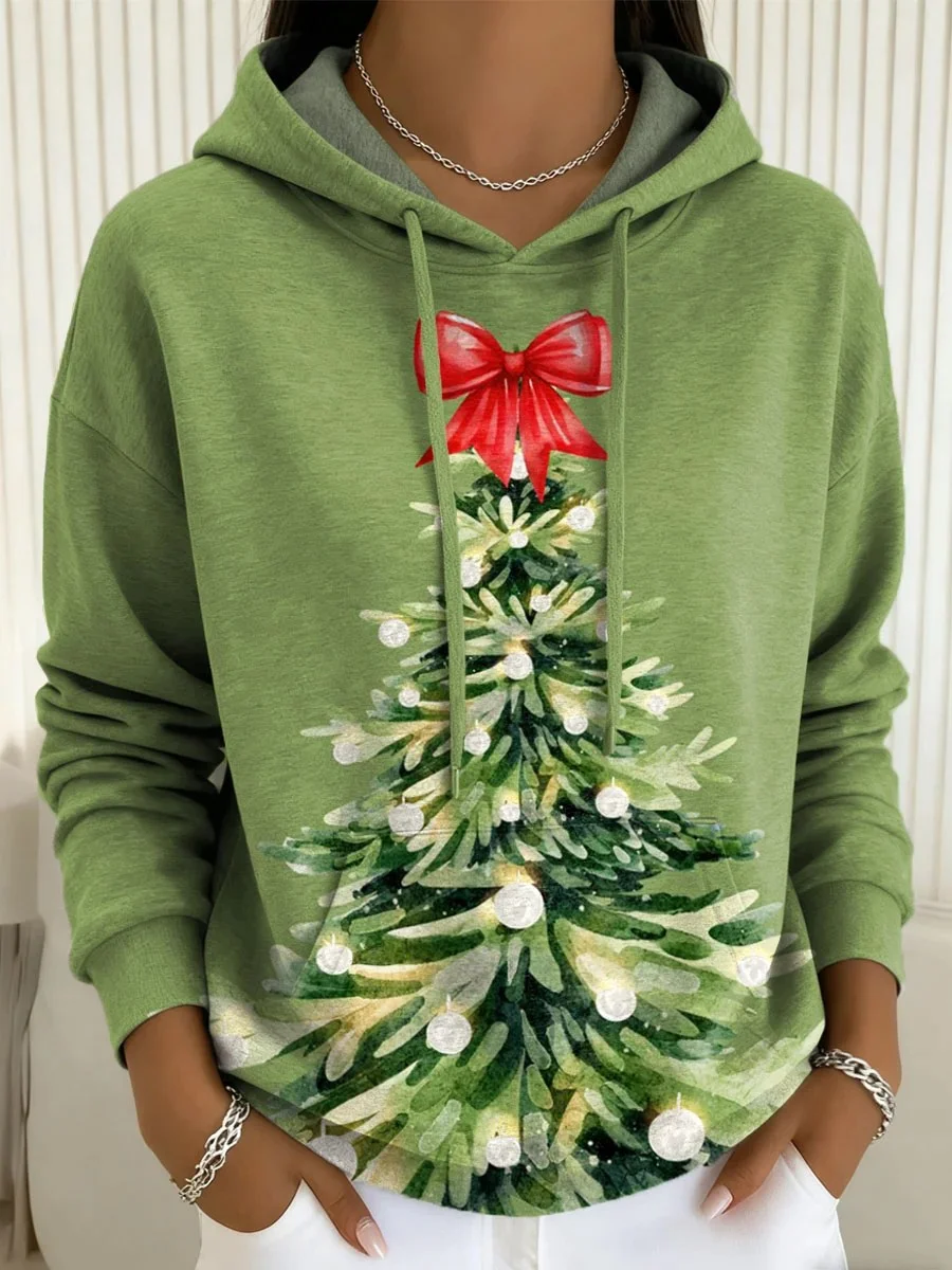 Women's Christmas Tree Print Casual Hooded Sweatshirt