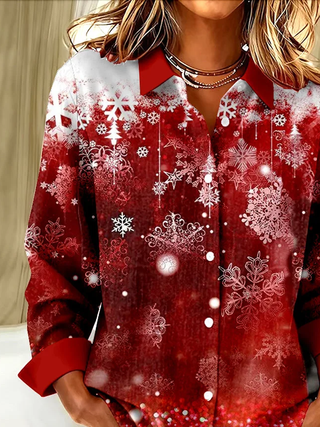 Women's Long Sleeve Shirt Spring/Fall Red Christmas Buckle Shirt Collar Regular Sleeve Daily Going Out Casual Top