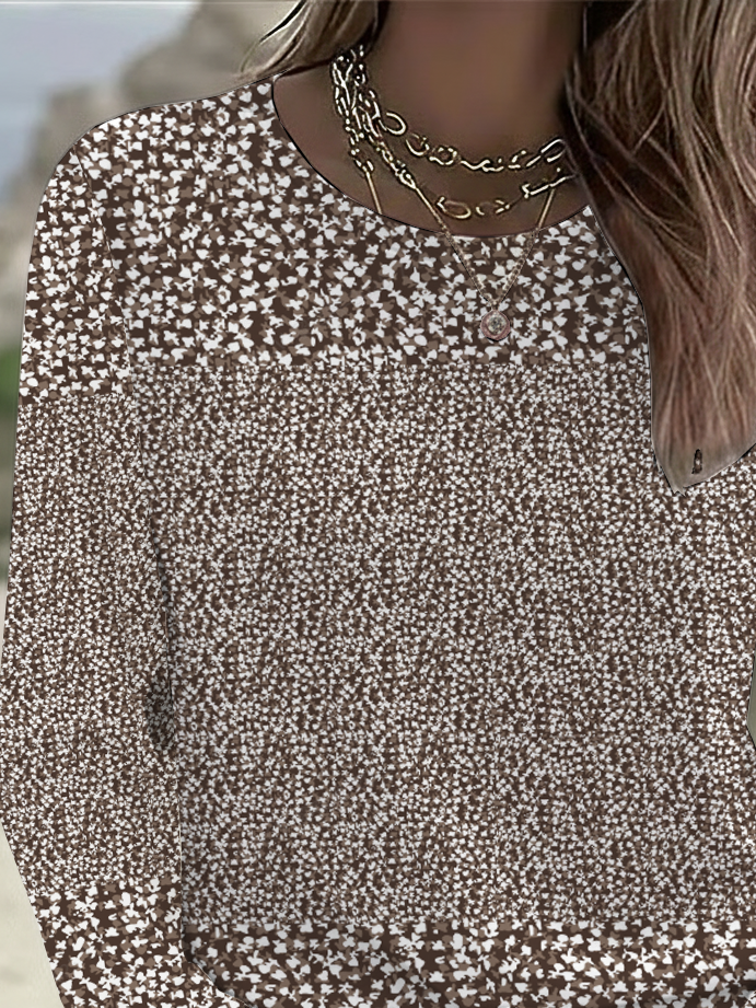 Women's Long Sleeve T-shirt Spring/Fall Brown Floral Printing Jersey Crew Neck Daily Going Out Casual Top