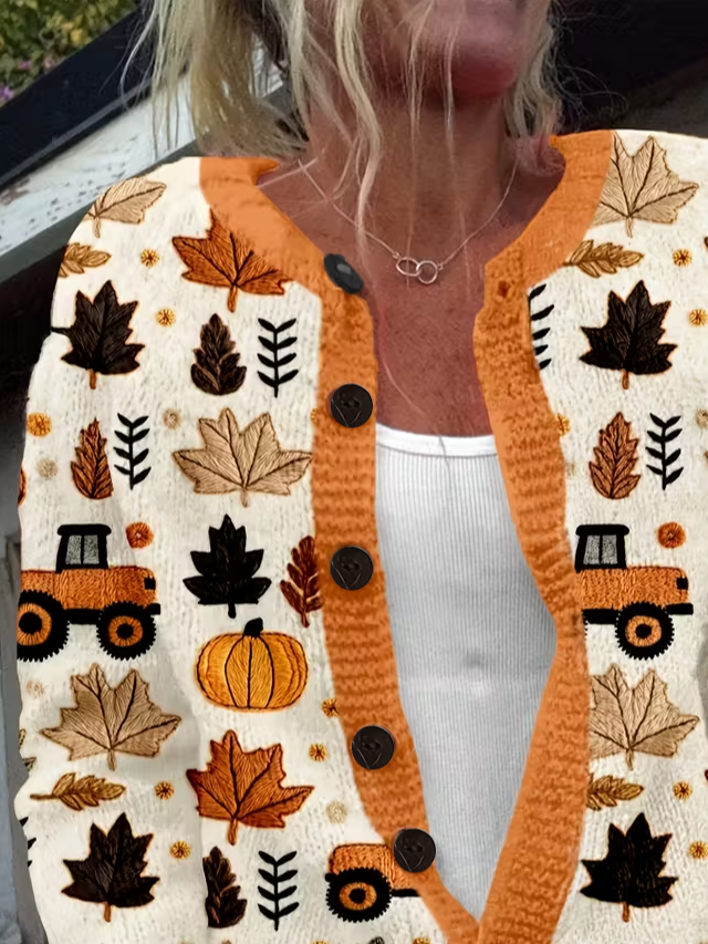 Women's Pumpkin Maple Leaf Print Crew Neck Button Cardigan