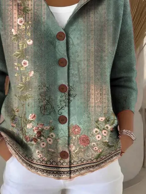 Women's Floral Print Hooded Button Cardigan