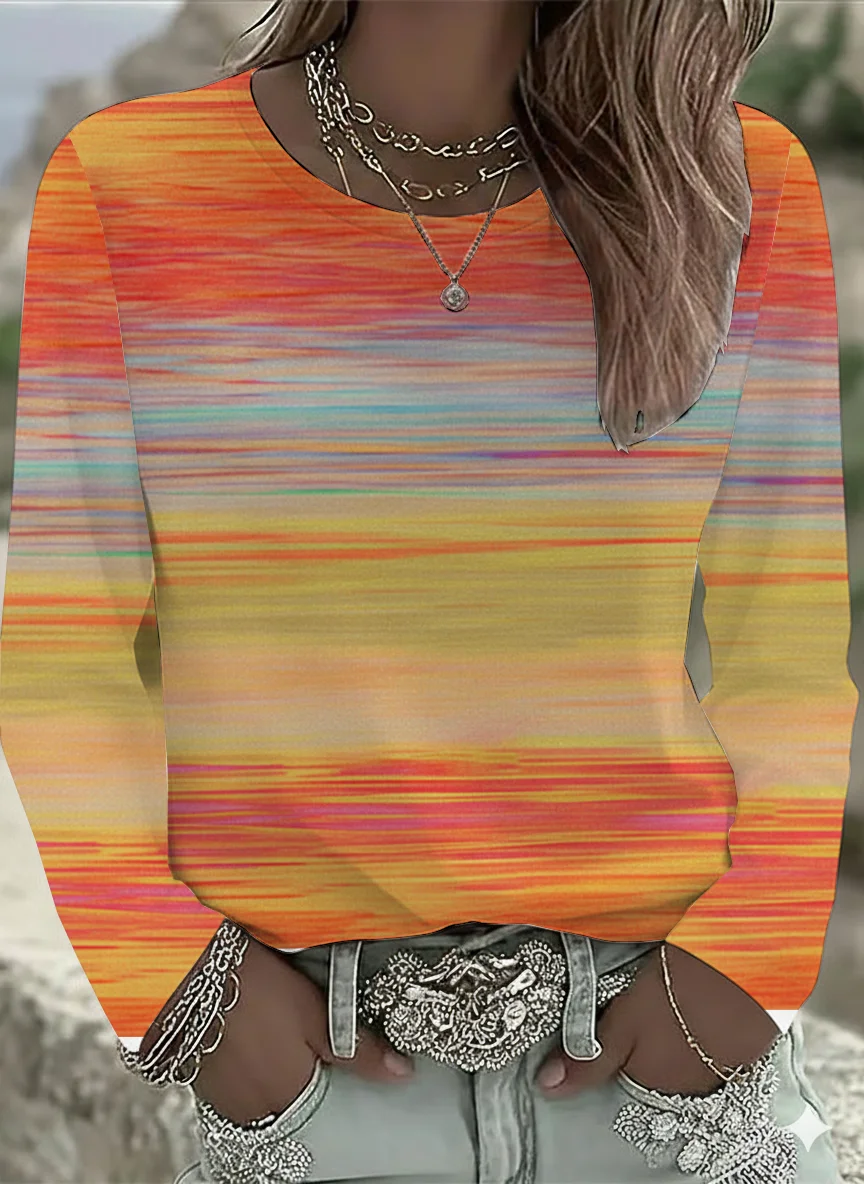 Women's Long Sleeve T-shirt Spring/Fall Orange Abstract Printing Jersey Crew Neck Daily Going Out Casual Top
