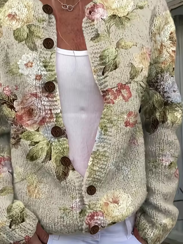 Women's Floral Print Crew Neck Button Cardigan