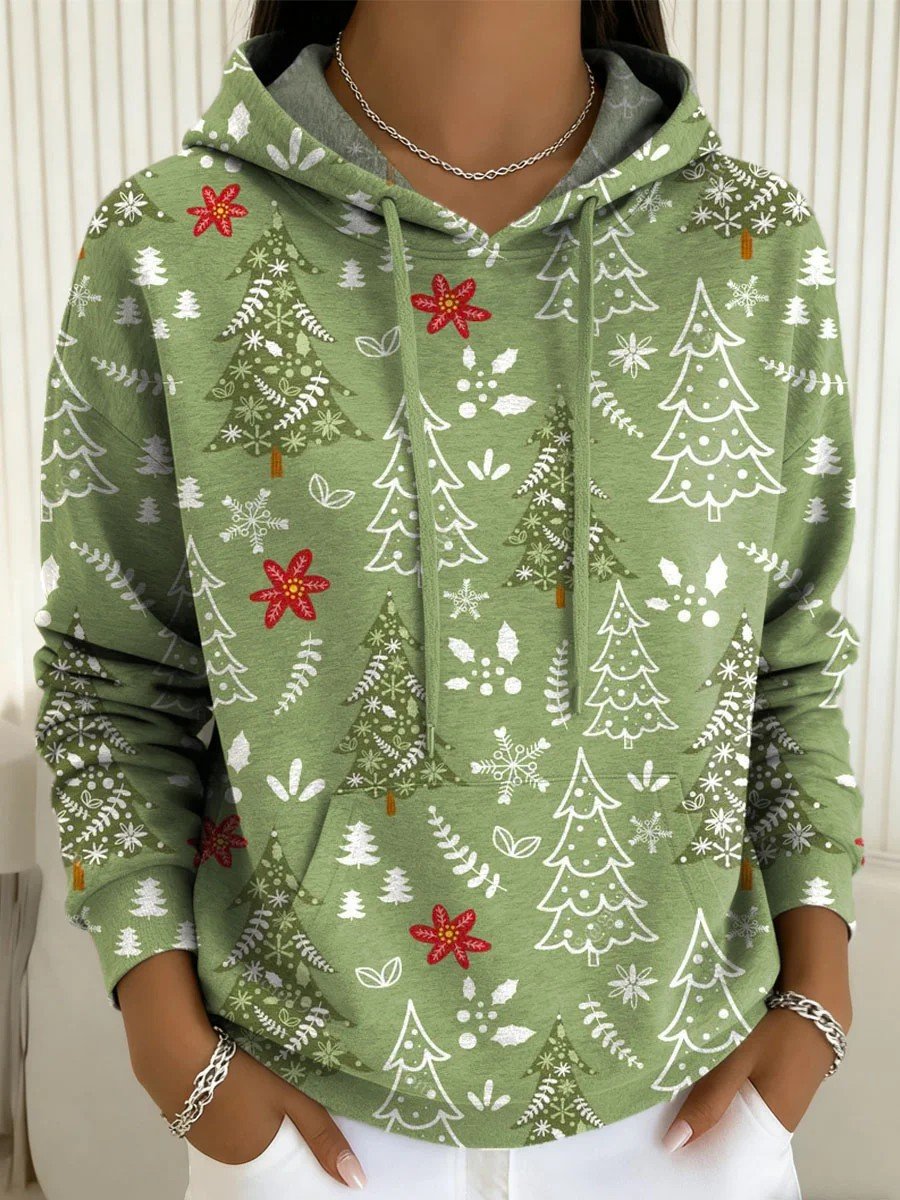 Women's Christmas Tree Print Casual Pocket Hoodie