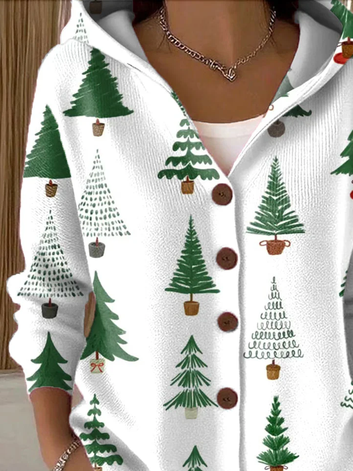 Women's Christmas Tree Print Hooded Button Cardigan