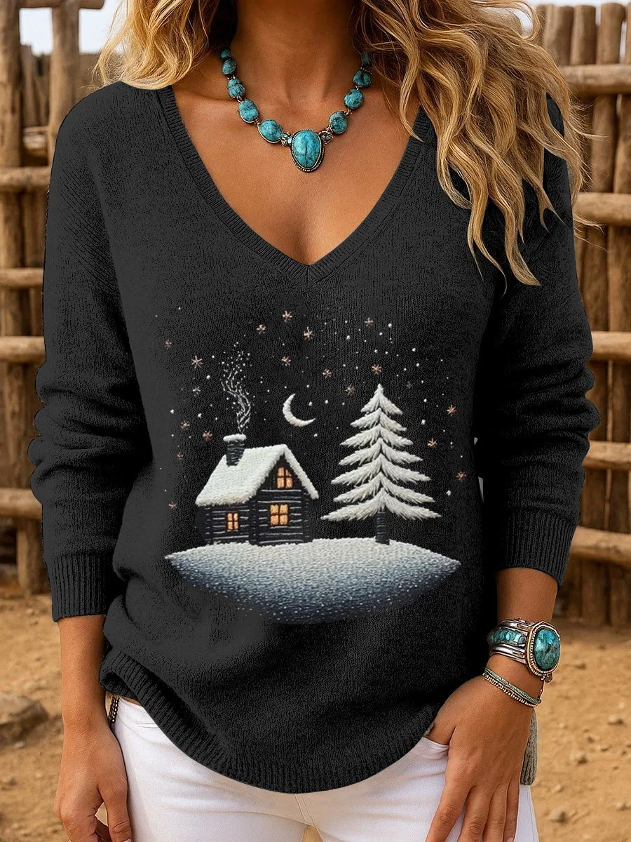 Casual V Neck Christmas Knit Top Sweater