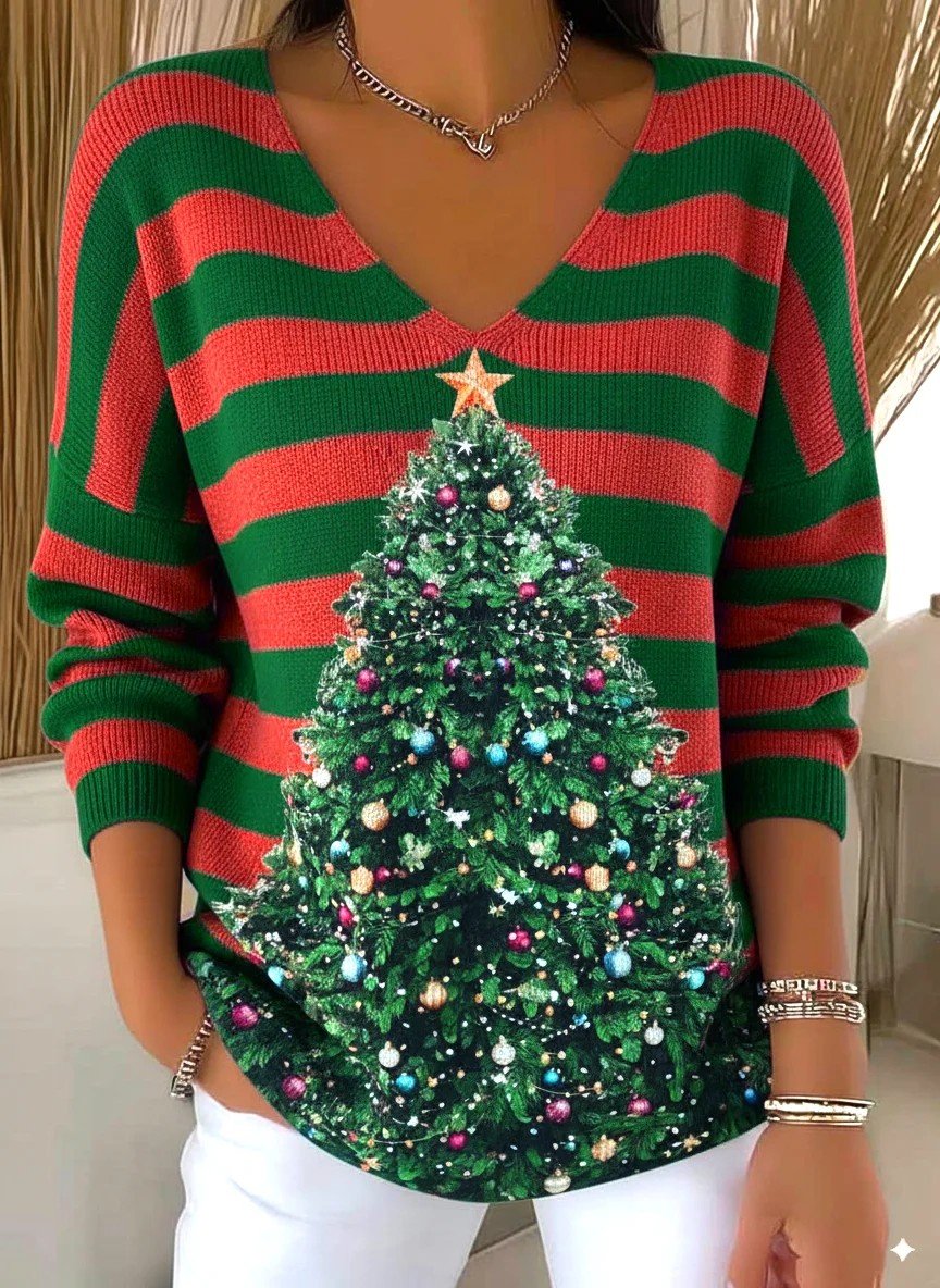Simple V Neck Christmas Tree Loose Knit Top