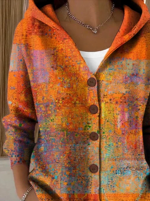 Women's Abstract Print Hooded Button Cardigan