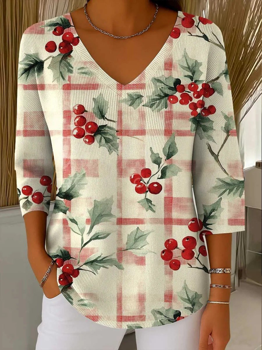 Christmas V Neck Vintage Loose T-Shirt