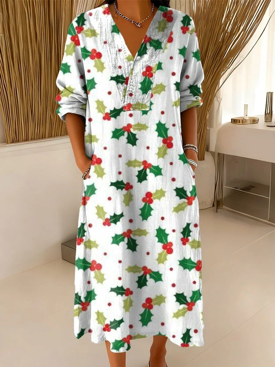 Linen Blend Casual Christmas Dress With No