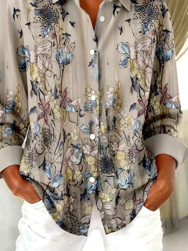 Women's Long Sleeve Shirt Spring/Fall Khaki Floral Buckle Shirt Collar Regular Sleeve Daily Going Out Casual Top