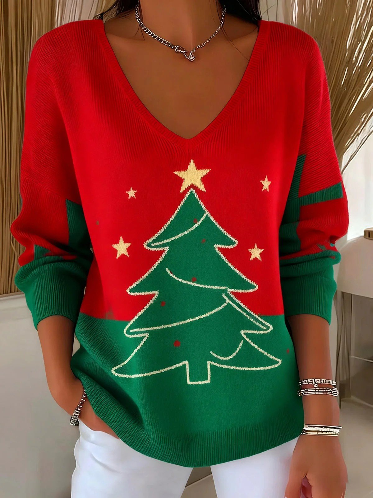Casual Christmas Loose V Neck Knit Top